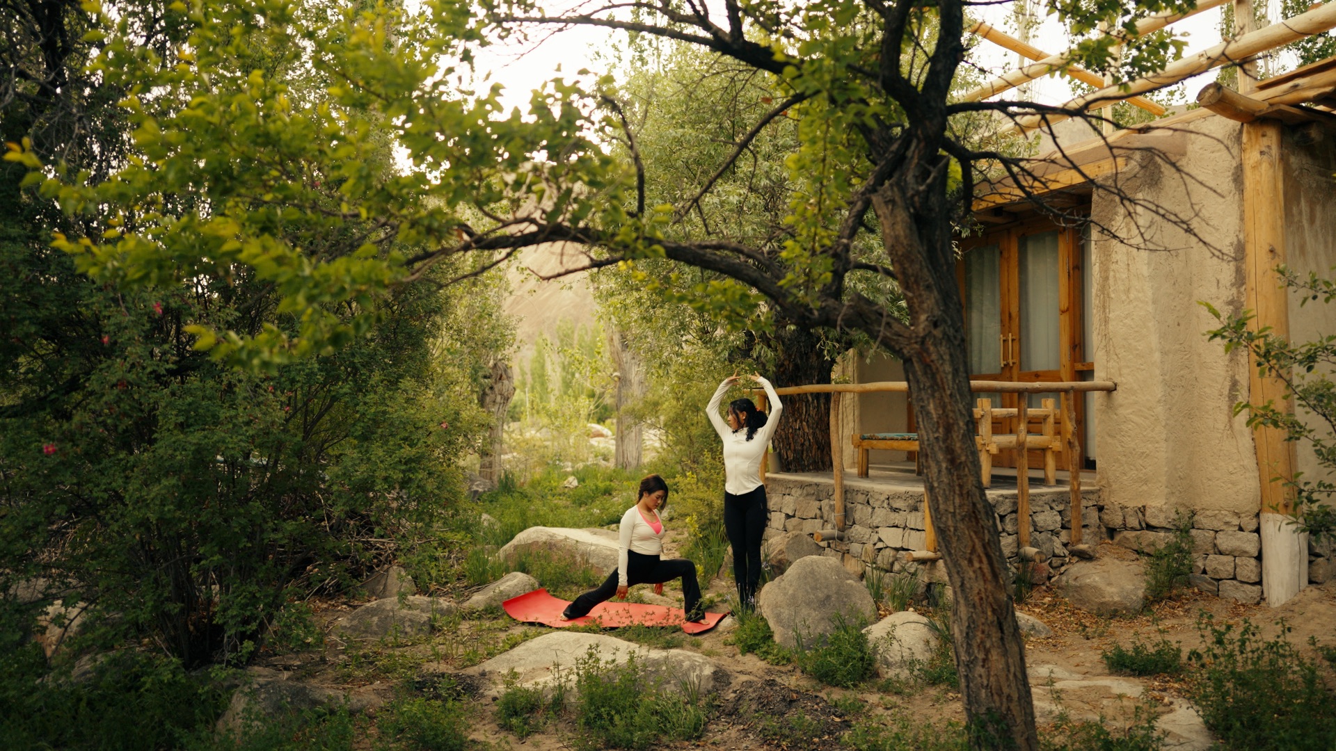 Yoga session in a garden in Ladakh